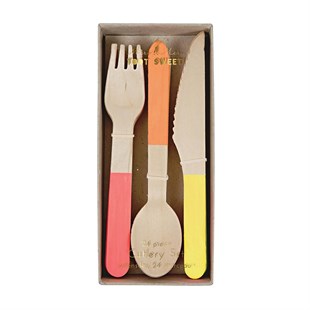 Meri Meri - Neon Wooden Cutlery Set - Neon Tahta Çatal-Kaşık-Bıçak Set